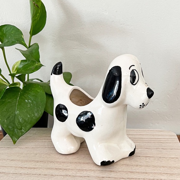Sweet Vintage Ceramic Black & White Puppy Dog Garden Planter Succulent Holder - Picture 8 of 8